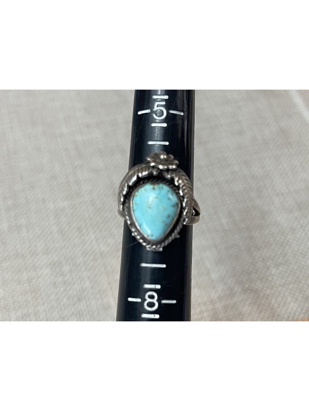VTG Sterling Silver Turquoise Ring Size 7 Rope Bezel Leaves Flower